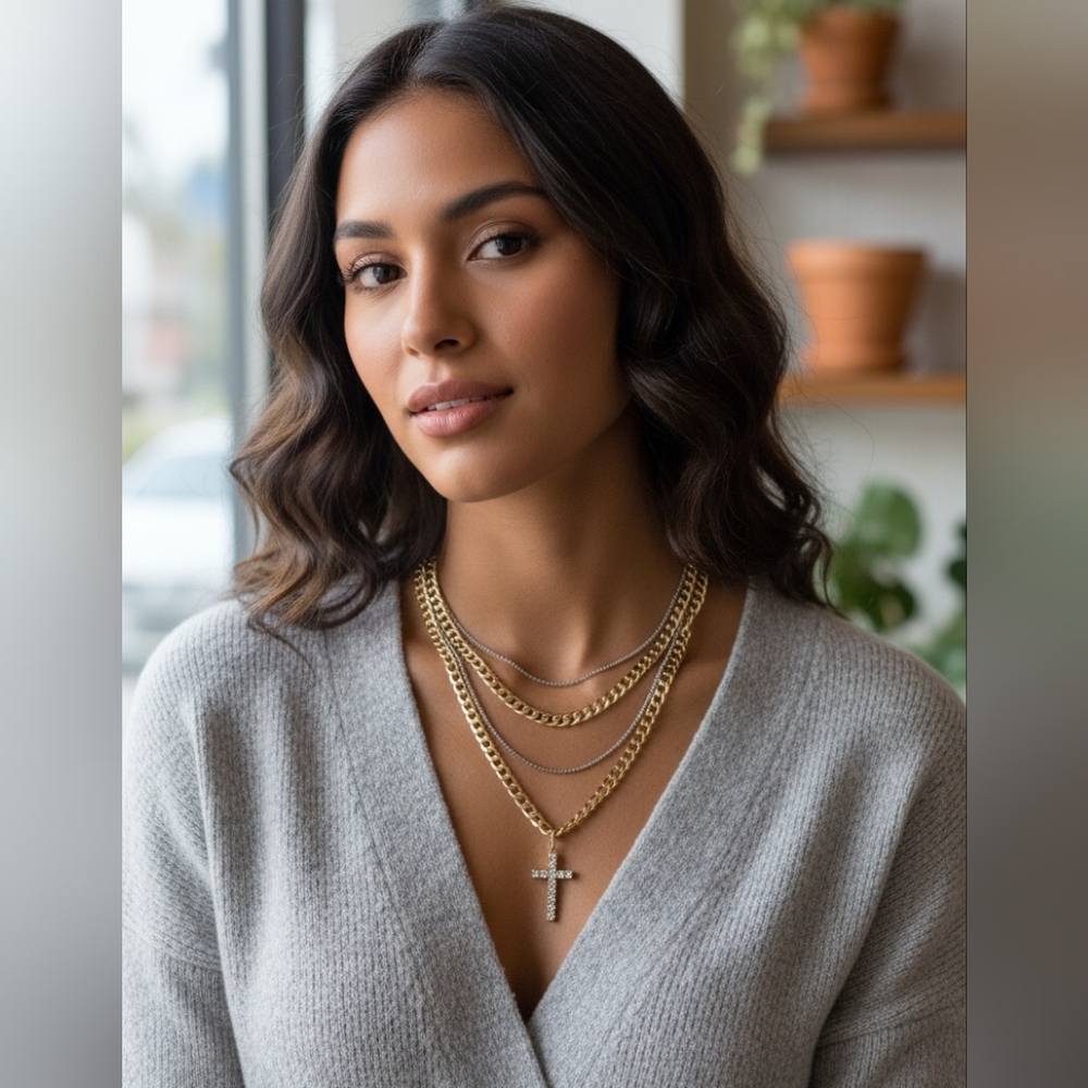 Aeropastle Gold Chain crystal cross and silver necklace bundle